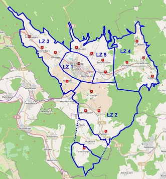 Übersichtskarte zeigt die Bereiche der Löschzüge 1-5.&nbsp;&copy;&nbsp;Feuerwehr Stadt Uslar